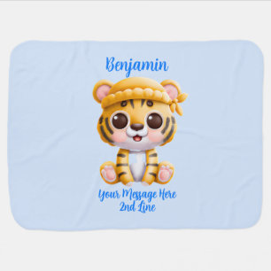 Add Name Text, Baby Tiger with Hat on Blue Blanket