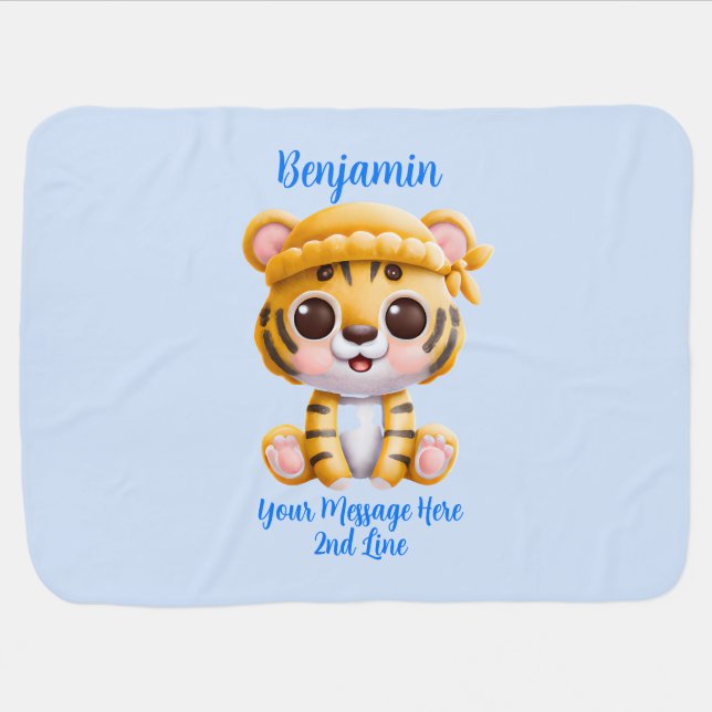 Add Name Text, Baby Tiger with Hat on Blue Blanket (Horizontal)