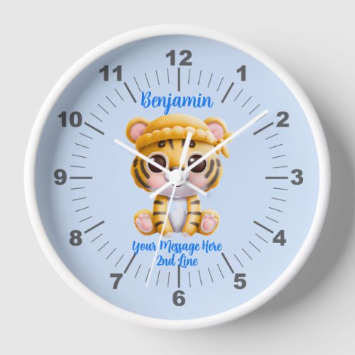 Add Name Text Baby Tiger with Hat on Blue  Clock