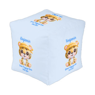 Add Name Text, Baby Tiger with Hat on Blue Pouf
