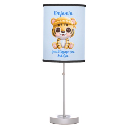 Add Name Text Baby Tiger with Hat on Blue  Table Lamp