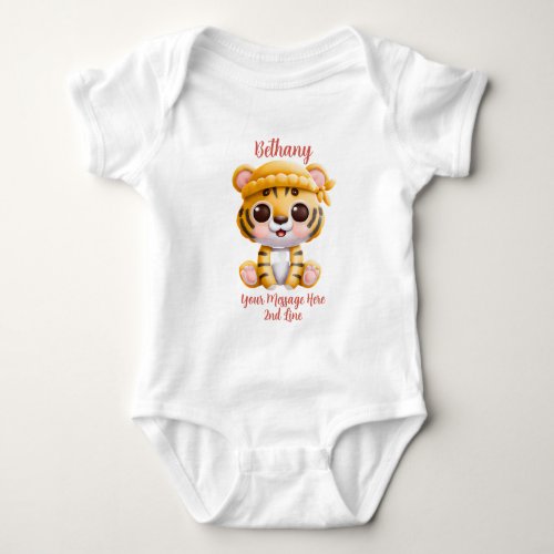 Add Name Text Baby Tiger with Hat on Pink Baby  Baby Bodysuit