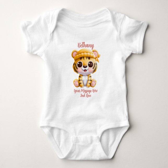 Add Name Text, Baby Tiger with Hat on Pink Baby  Baby Bodysuit (Front)