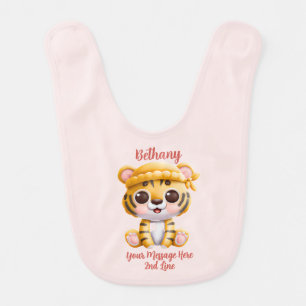 Add Name Text, Baby Tiger with Hat on Pink Baby Bib