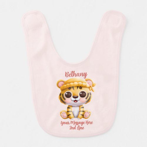 Add Name Text Baby Tiger with Hat on Pink  Baby Bib