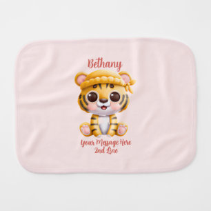 Add Name Text, Baby Tiger with Hat on Pink Baby Burp Cloth