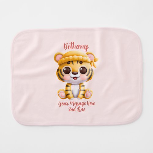 Add Name Text Baby Tiger with Hat on Pink Baby Burp Cloth