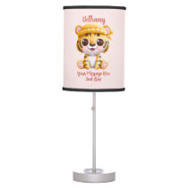 Add Name Text, Baby Tiger with Hat on Pink Baby Table Lamp