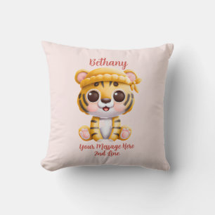 Add Name Text, Baby Tiger with Hat on Pink Baby Throw Pillow