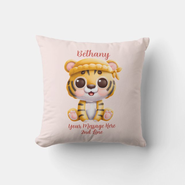 Add Name Text, Baby Tiger with Hat on Pink Baby  Throw Pillow (Front)