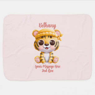 Add Name Text, Baby Tiger with Hat on Pink Blanket