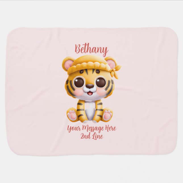 Add Name Text, Baby Tiger with Hat on Pink Blanket (Horizontal)