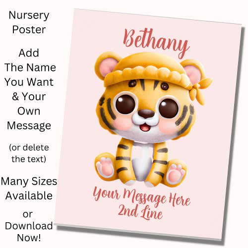 Add Name Text Baby Tiger with Hat on Pink  Poster