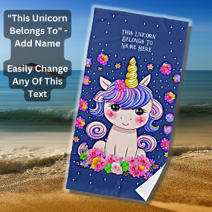 Add Name Text, Baby Unicorn Flowers & Stars Blue Beach Towel