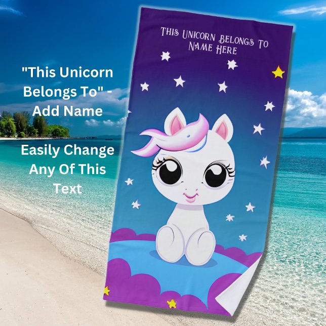 Add Name Text, Baby Unicorn White Stars on Blue Beach Towel (Creator Uploaded)