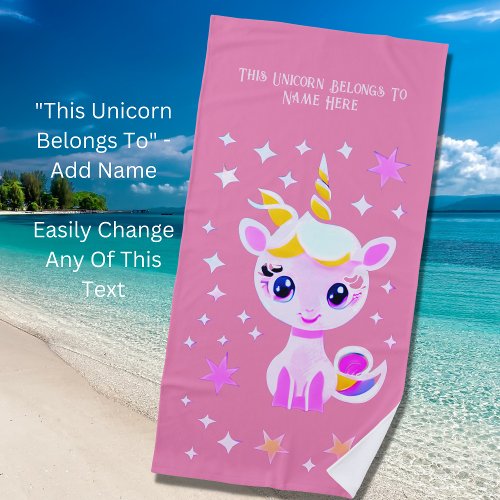 Add Name Text Baby Unicorn with Stars on Pink     Beach Towel