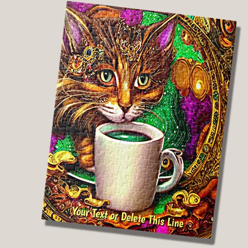 Add Name Text Bejewelled Cat with White Mug Jigsaw Puzzle