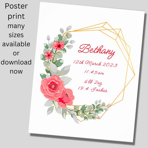 Add Name Text Birth Details Print Roses Nursery 