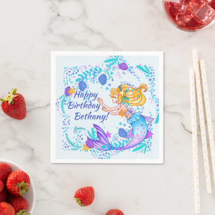 Add Name Text Blonde Mermaid Blue Mauve Aqua Party Napkins