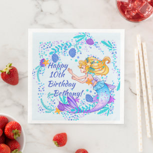 Add Name Text Blonde Mermaid Blue Mauve Aqua Party Paper Dinner Napkins