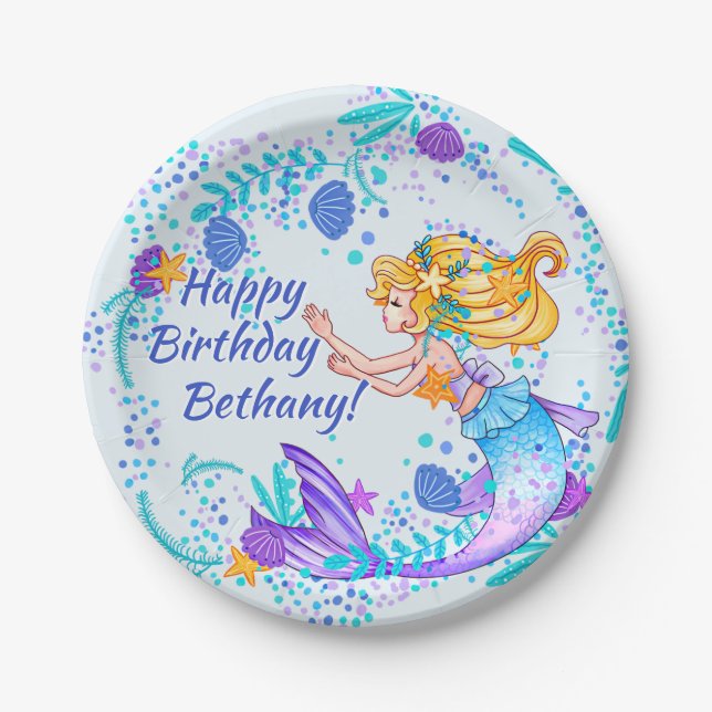 Add Name Text Blonde Mermaid Blue Mauve Aqua Party Paper Plates (Front)