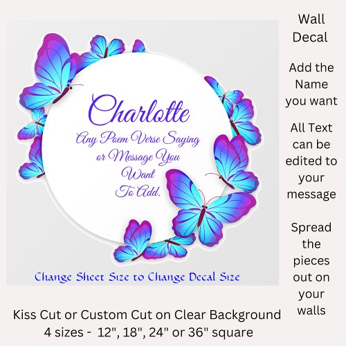 Add Name Text Blue Butterfly Illustration Border  Wall Decal