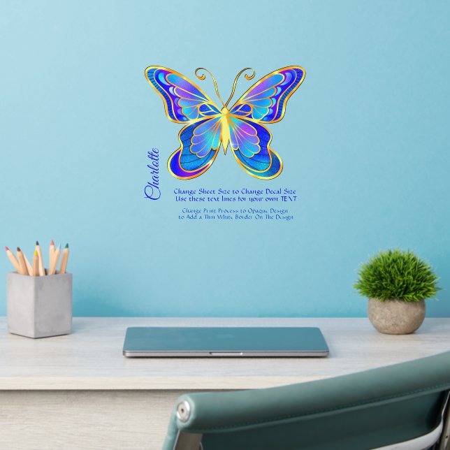 Add Name Text, Blue Gold  Butterfly Illustration Wall Decal (Home Office 2)