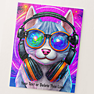 Add Name Text, Blue Pink, Cat Glasses Headphones Jigsaw Puzzle
