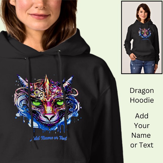 Add Name Text, Blue Pink Fantasy Dragon Green Eyes Hoodie (Creator Uploaded)
