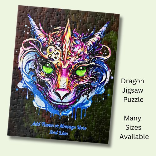 Add Name Text Blue Pink Fantasy Dragon Green Eyes Jigsaw Puzzle