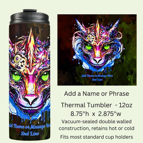 Add Name Text Blue Pink Fantasy Dragon Green Eyes Thermal Tumbler