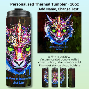 Add Name Text, Blue Pink Fantasy Dragon Green Eyes Thermal Tumbler