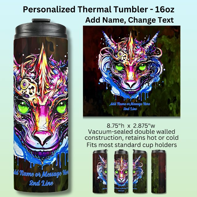 Add Name Text, Blue Pink Fantasy Dragon Green Eyes Thermal Tumbler (Creator Uploaded)