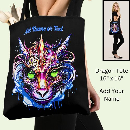 Add Name Text Blue Pink Fantasy Dragon Green Eyes Tote Bag