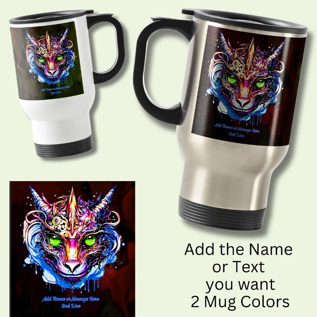 Add Name Text, Blue Pink Fantasy Dragon Green Eyes Travel Mug (Creator Uploaded)