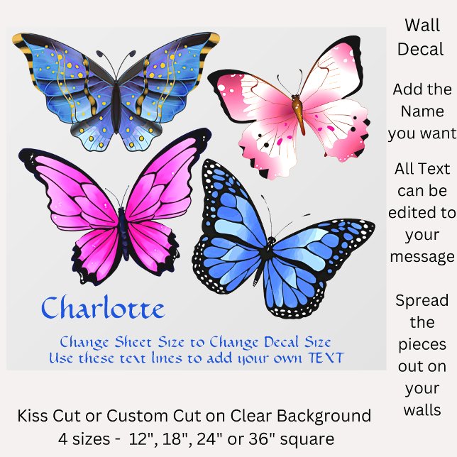 Add Name Text, Blue Pink Purple Butterflies  Wall Decal (Creator Uploaded)