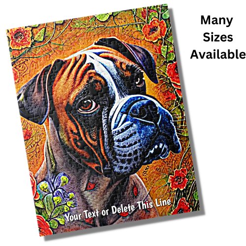 Add Name Text Boxer Dog with Red Flowers Painting Jigsaw Puzzle