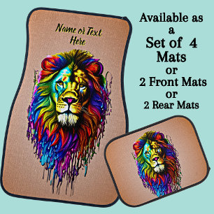 Add Name Text, Colorful Paint Drip Lion Car Floor Mat