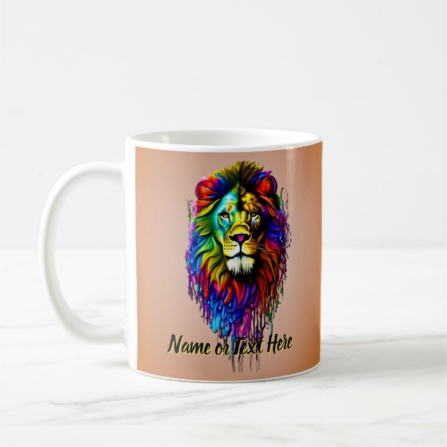 Add Name Text, Colorful Paint Drip Lion  Coffee Mug (Left)