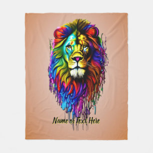 Add Name Text, Colorful Paint Drip Lion Fleece Blanket