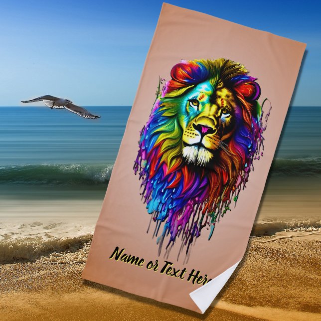 Add Name Text, Colorful Paint Drip Lion on Brown Beach Towel (Creator Uploaded)