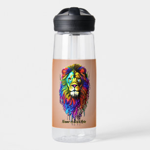 Add Name Text, Colorful Paint Drip Lion Water Bottle
