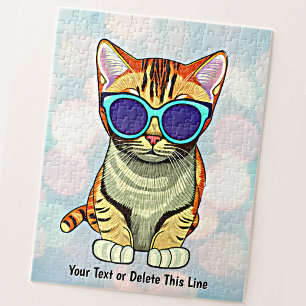 Add Name Text, Cool Cat Sunglasses on Blue White Jigsaw Puzzle