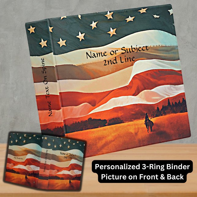 Add Name Text, Cowboy Riding into Flag Sunset  3 Ring Binder (Creator Uploaded)