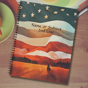 Add Name Text, Cowboy Riding into Flag Sunset Notebook