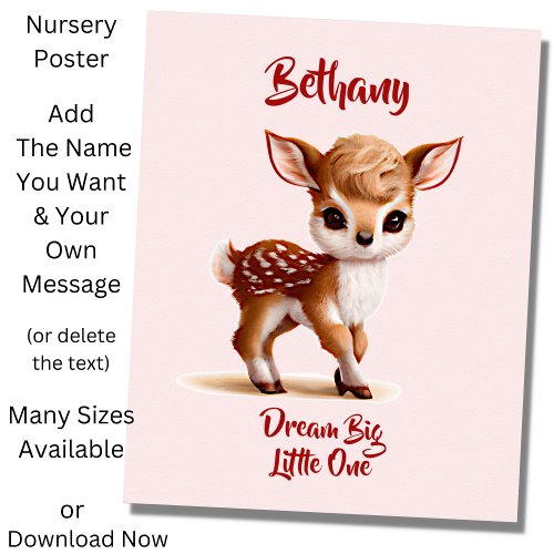 Add Name Text Cute Fawn _ Baby Deer on Pink  Poster
