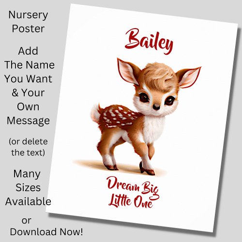 Add Name Text Cute Fawn _ Baby Deer on White Poster