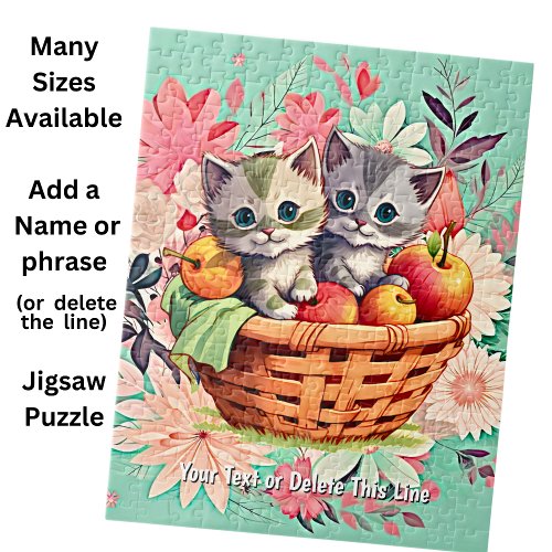 Add Name Text Cute Kittens in Basket on Floral  Jigsaw Puzzle