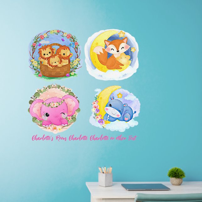 Add Name Text, Cute Nursery Animals Paintings  36" Wall Decal (Home Office)