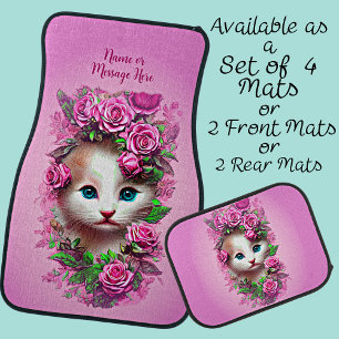 Add Name Text, Cute Shabby Chic Kitten, Pink Rose Car Floor Mat